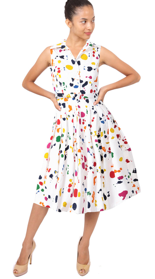 Sleeveless | Color Drip | White Red | Front-1 | Shirt Dress By Samantha Sung
