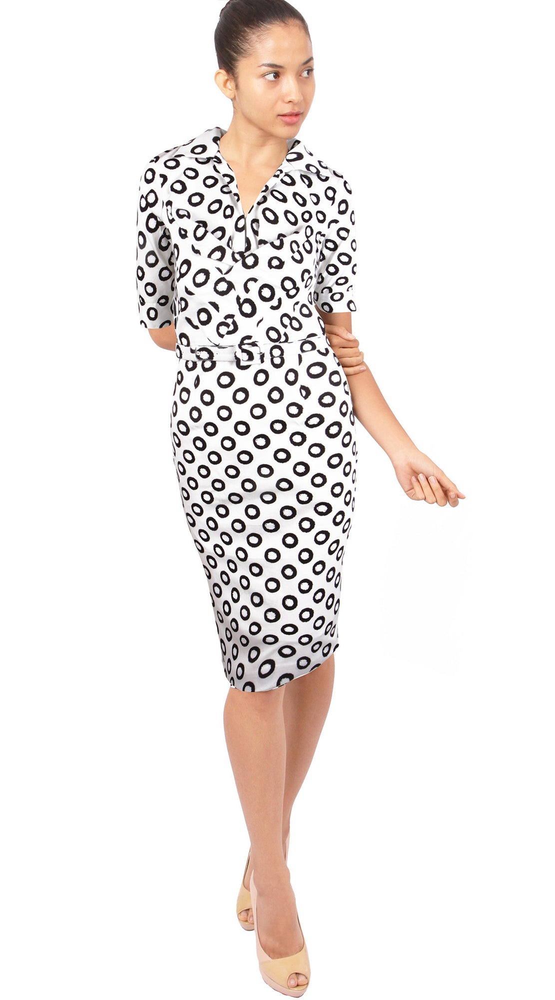 1/2 Sleeve | Micro Dots | White Black | Front | Dress By Samantha Sung