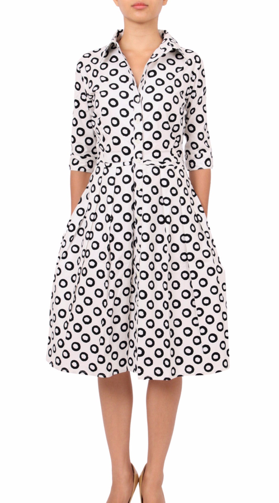 1/2 Sleeve | Micro Dots | White Black | Front | Shirt Dress By Samantha Sung