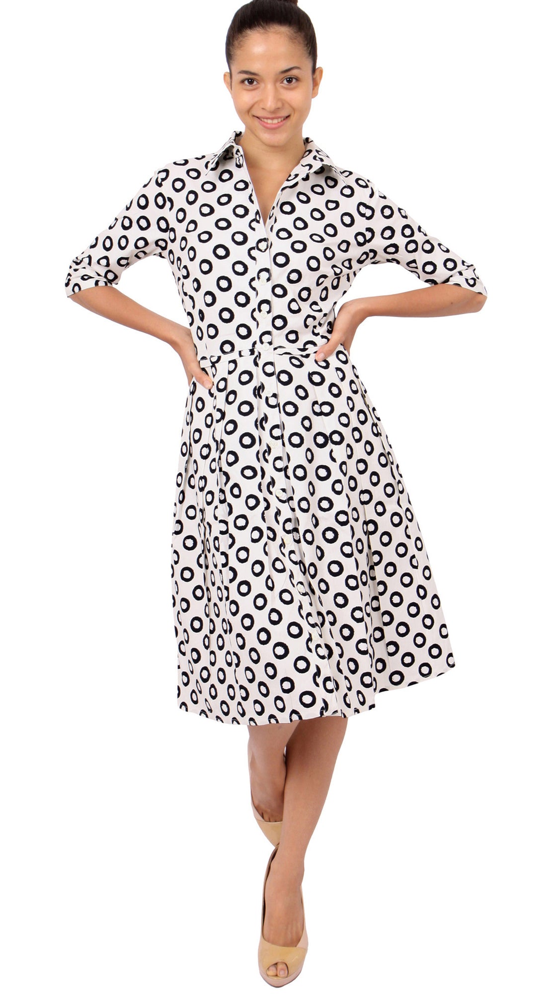 1/2 Sleeve | Micro Dots | White Black | Front-1 | Shirt Dress By Samantha Sung