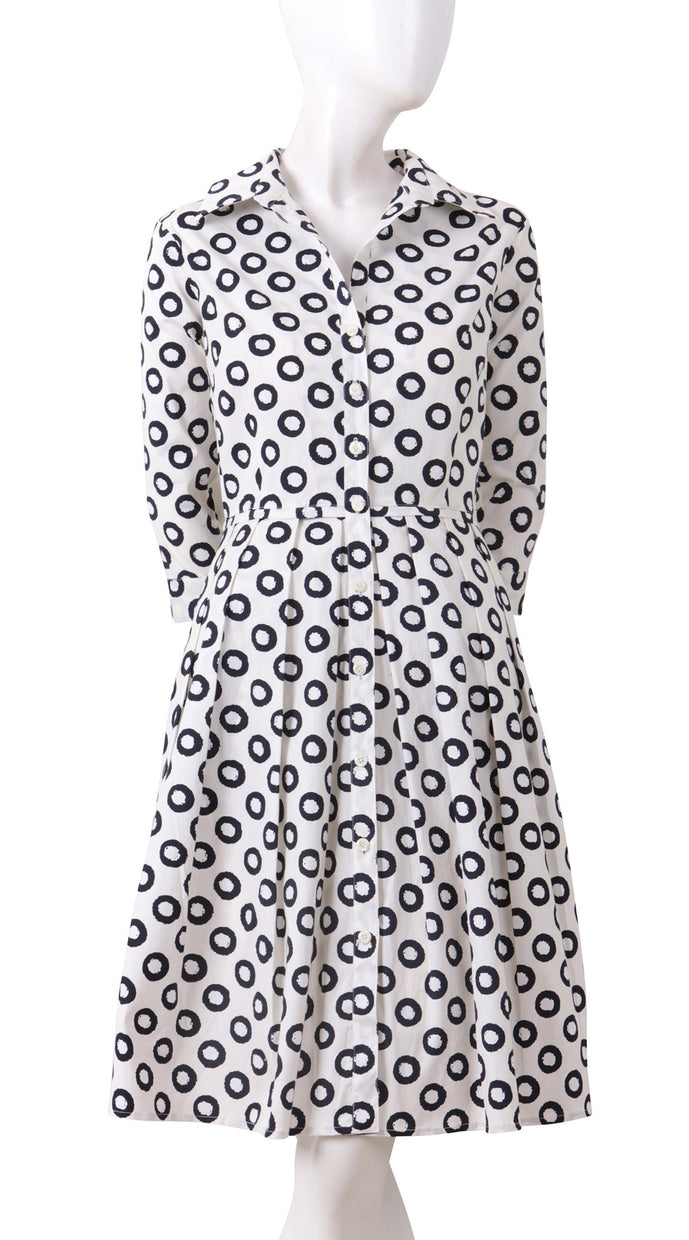 3/4 Sleeve | Micro Dots | White Black | Front | Shirt Dress By Samantha Sung