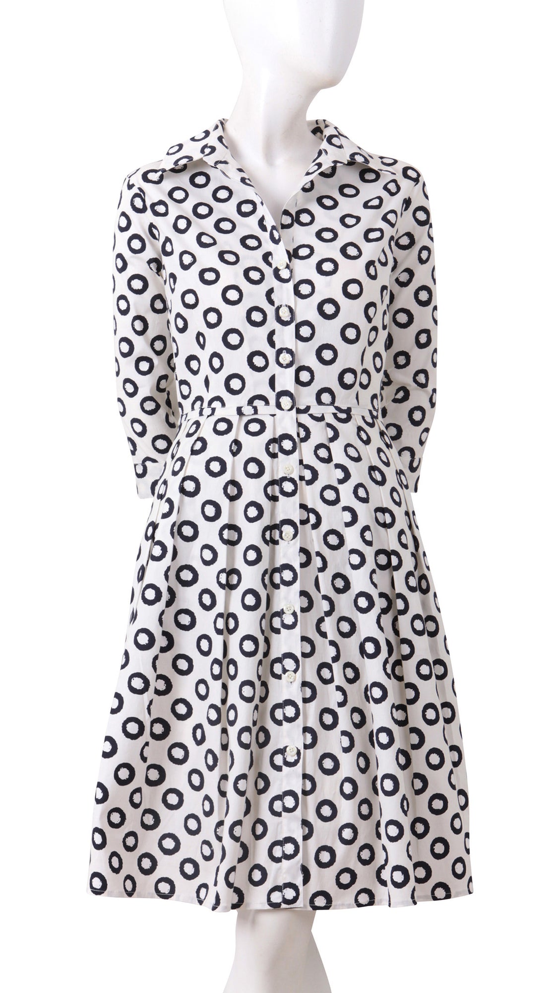3/4 Sleeve | Micro Dots | White Black | Front | Shirt Dress By Samantha Sung