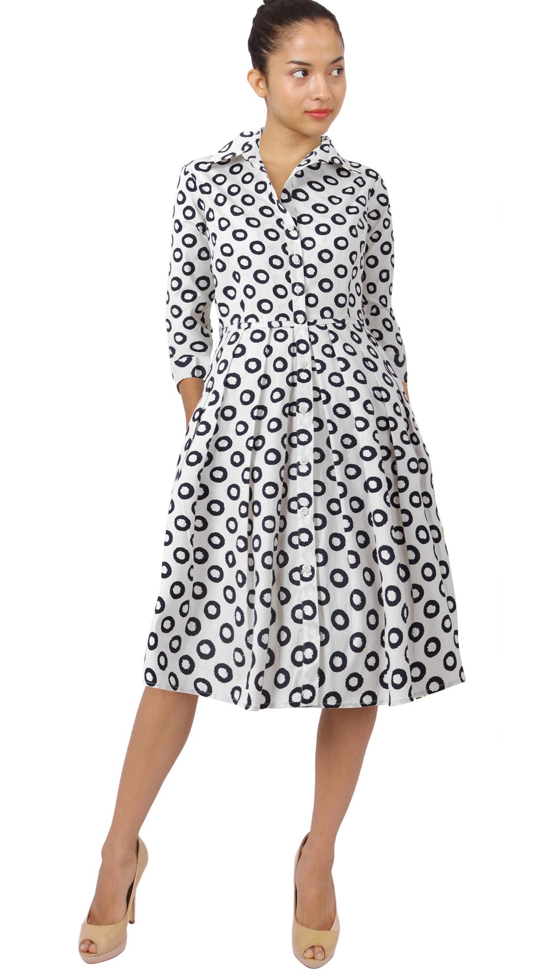 3/4 Sleeve | Micro Dots | White Black | Style | Shirt Dress By Samantha Sung