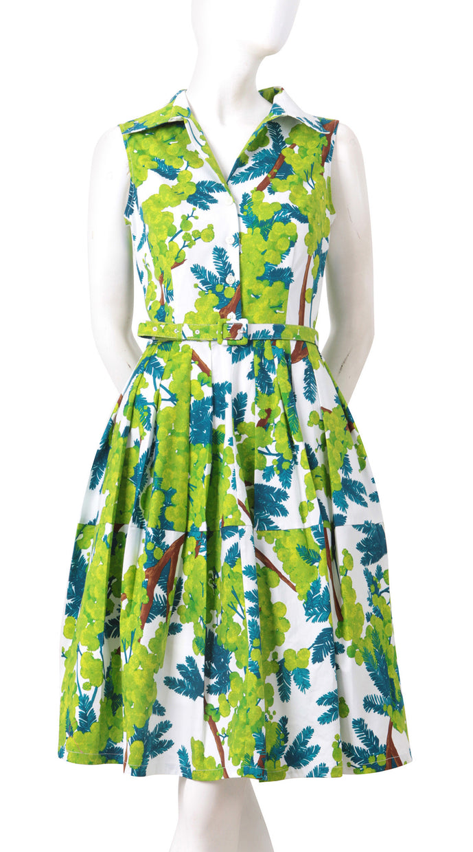 Sleeveless | Mimosa | White Lime Green | Front | Shirt Dress By Samantha Sung
