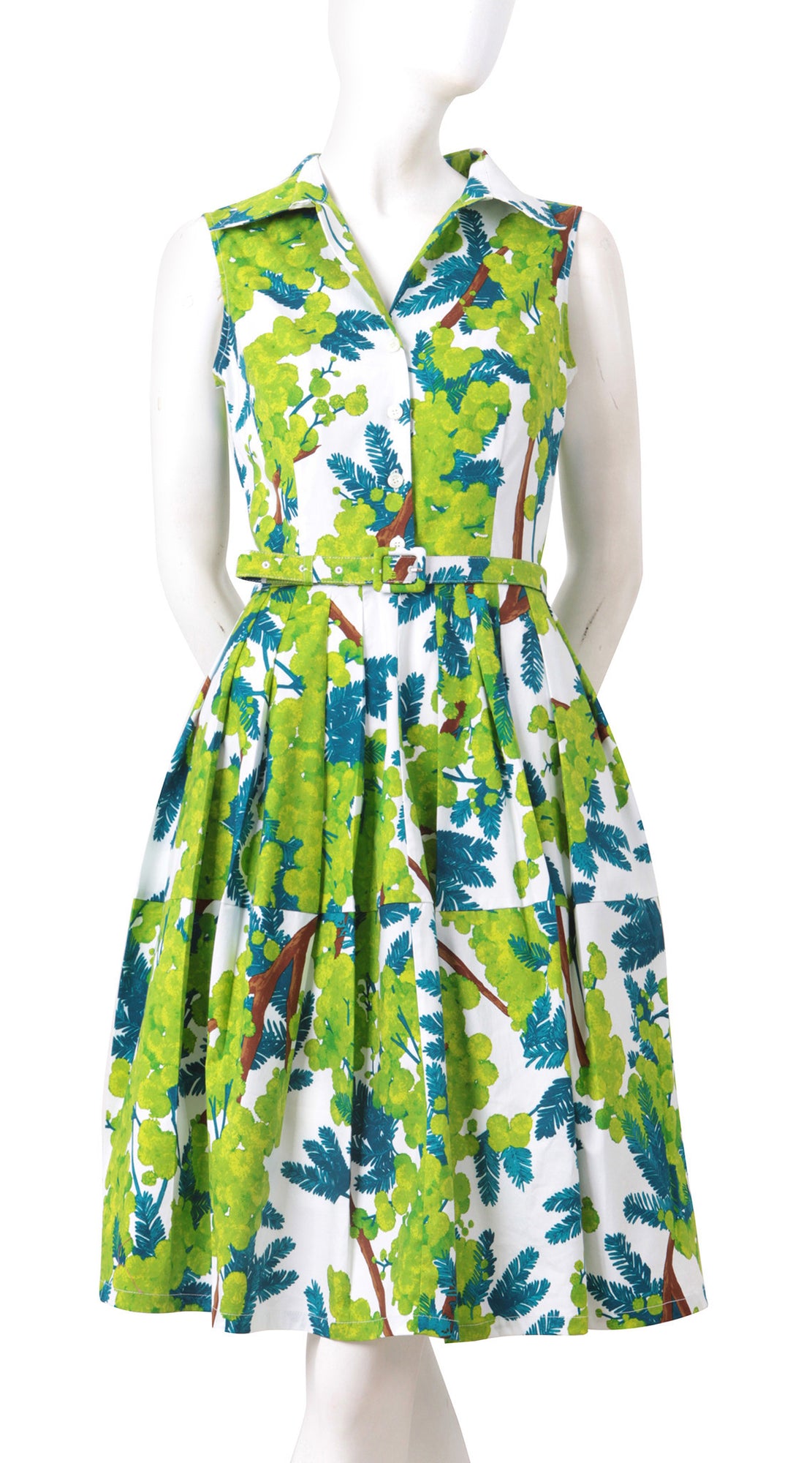 Sleeveless | Mimosa | White Lime Green | Front | Shirt Dress By Samantha Sung