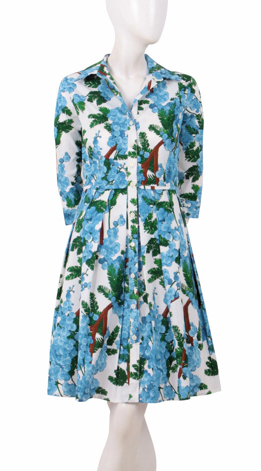 3/4 Sleeve | Mimosa | White Pine Green | Front | Shirt Dress By Samantha Sung
