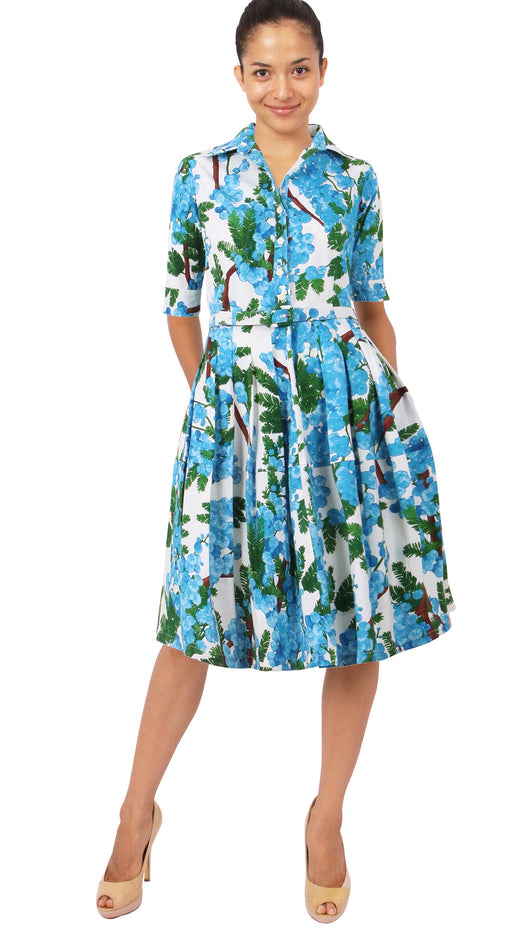 1/2 Sleeve | Mimosa | White Baby Blue | Front | Shirt Dress By Samantha Sung