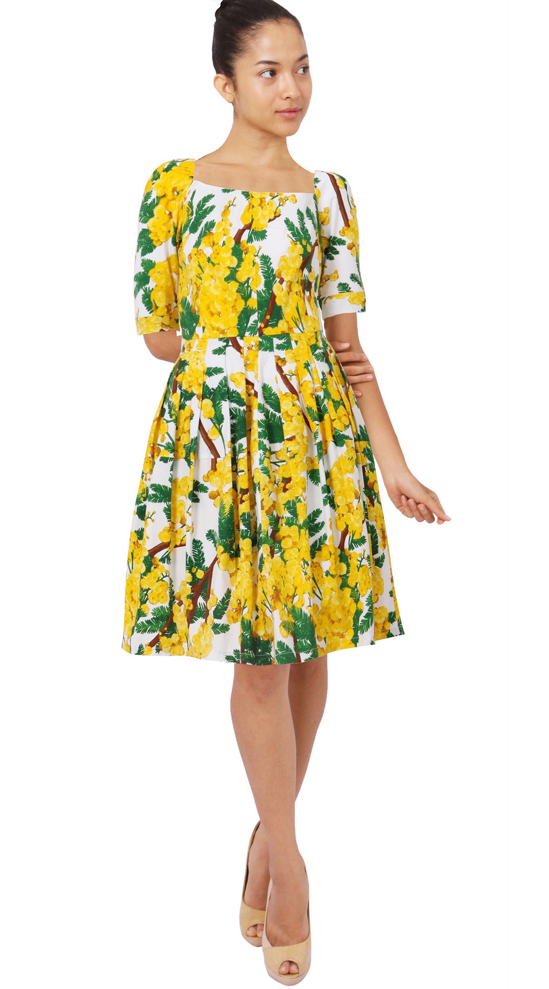 1/2 Sleeve | Mimosa | White Chrome Yellow | Front | Dress By Samantha Sung