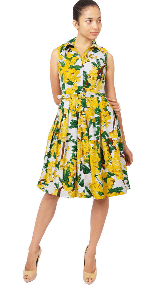 Sleeveless | Mimosa | White Chrome Yellow | Front | Shirt Dress By Samantha Sung