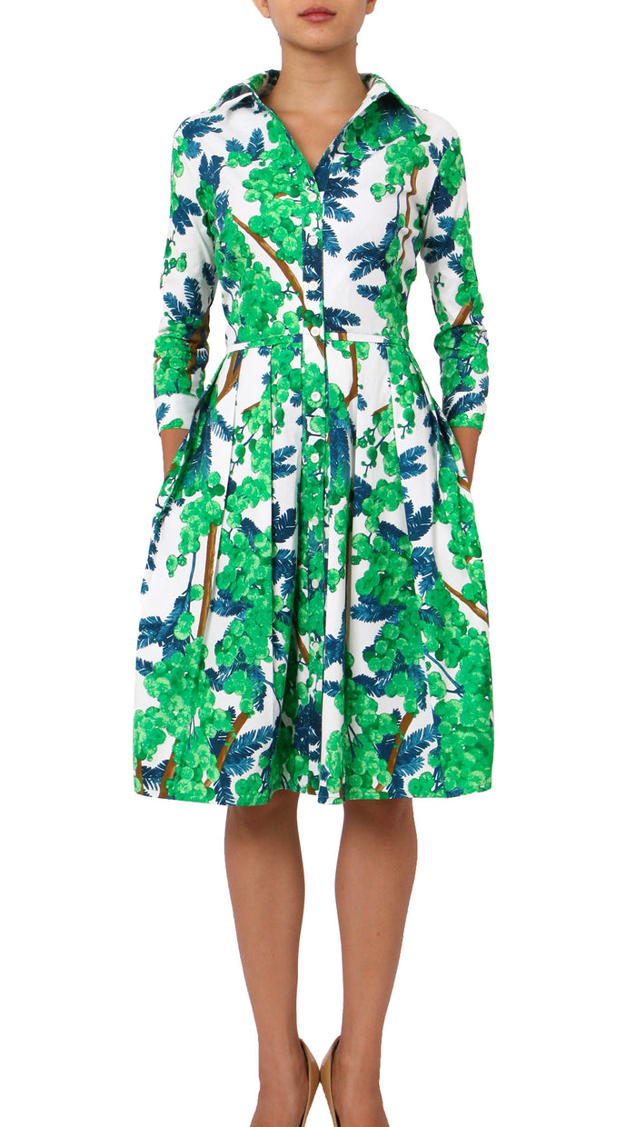 3/4 Sleeve | Mimosa | White Pine Green | Front | Shirt Dress By Samantha Sung