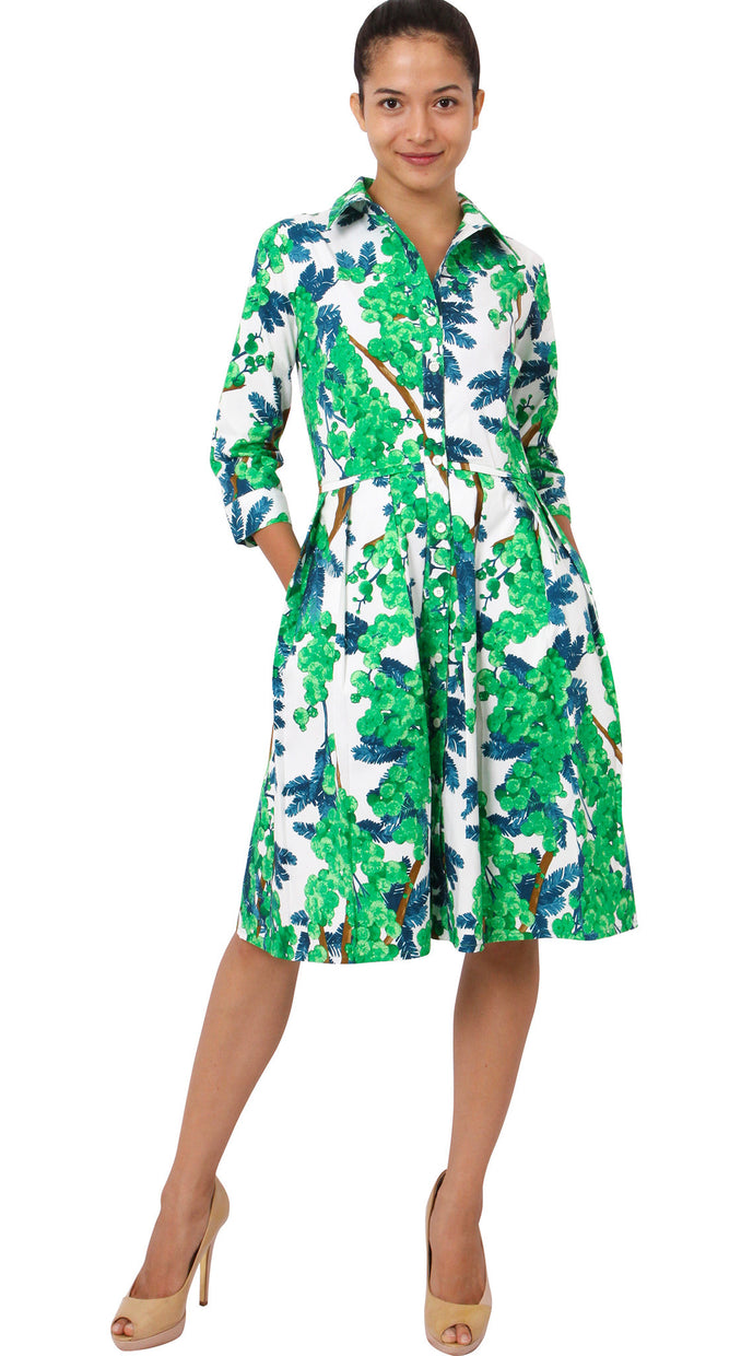 3/4 Sleeve | Mimosa | White Pine Green | Front | Shirt Dress By Samantha Sung