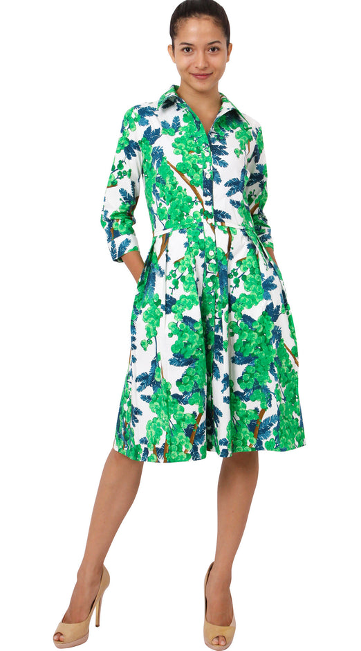 3/4 Sleeve | Mimosa | White Pine Green | Front | Shirt Dress By Samantha Sung