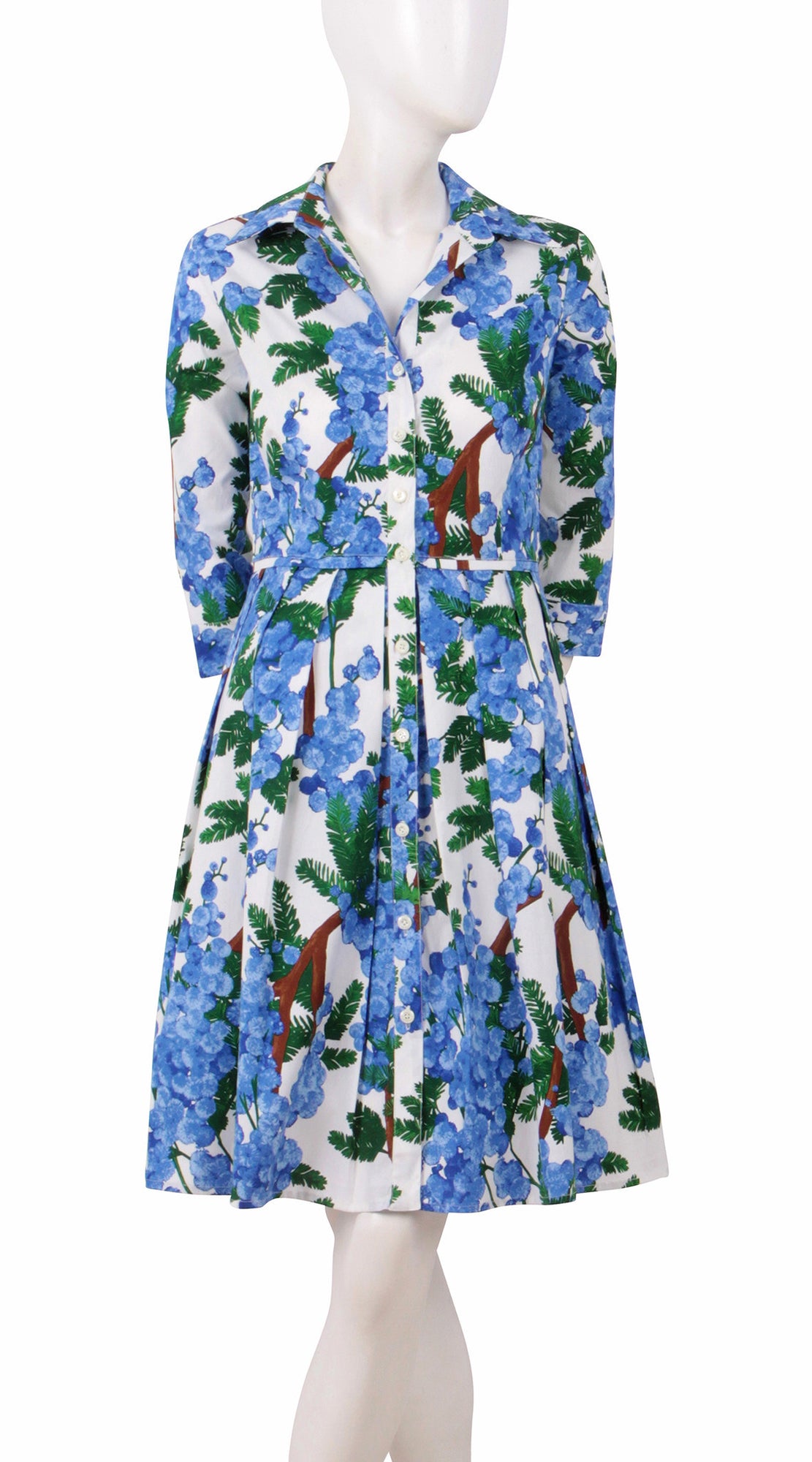 3/4 Sleeve | Mimosa | White Sky Blue | Front | Shirt Dress By Samantha Sung