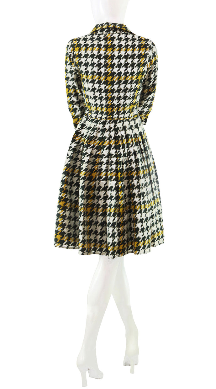 3/4 Sleeve | Miro Houndstooth | Olive Green Yellow | Back | Shirt Dress By Samantha Sung