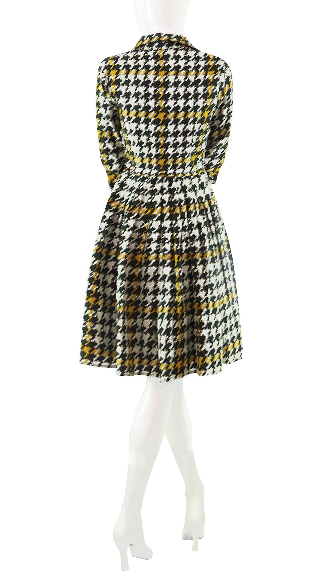 3/4 Sleeve | Miro Houndstooth | Olive Green Yellow | Back | Shirt Dress By Samantha Sung