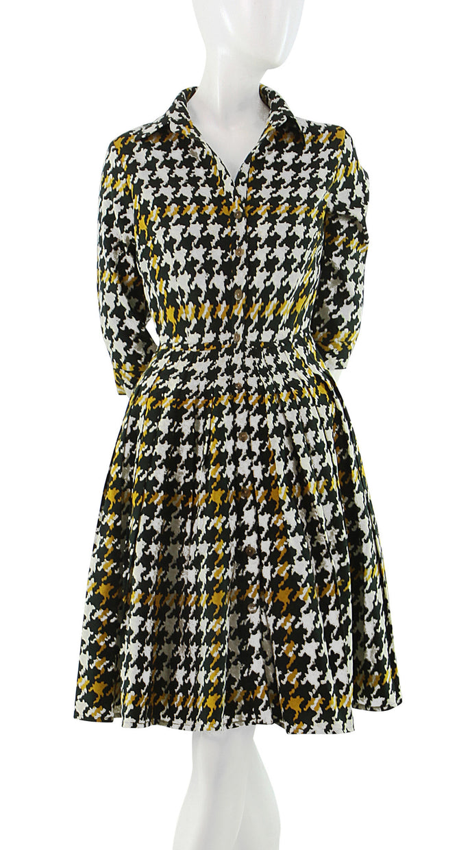 3/4 Sleeve | Miro Houndstooth | Olive Green Yellow | Front | Shirt Dress By Samantha Sung