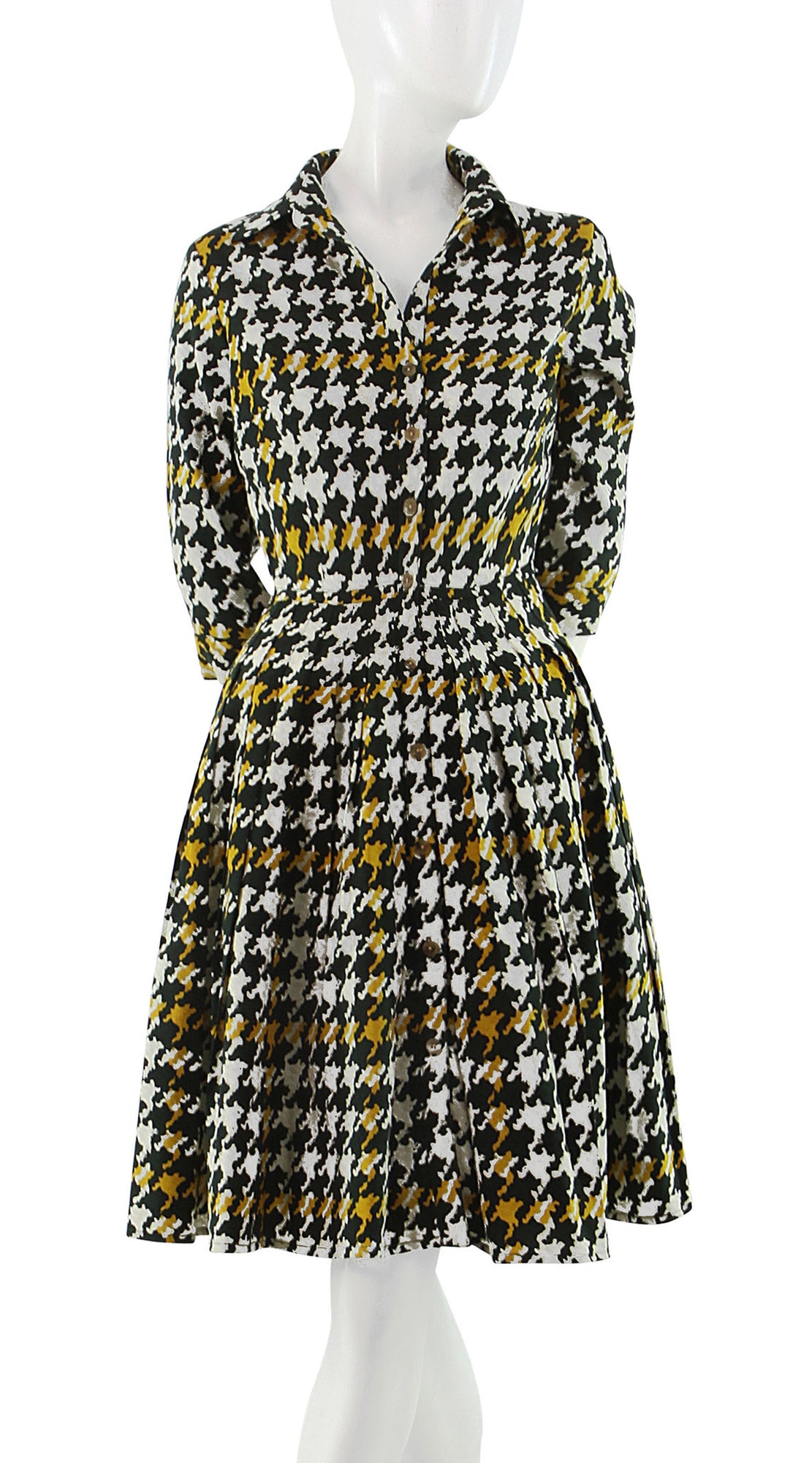 3/4 Sleeve | Miro Houndstooth | Olive Green Yellow | Front | Shirt Dress By Samantha Sung