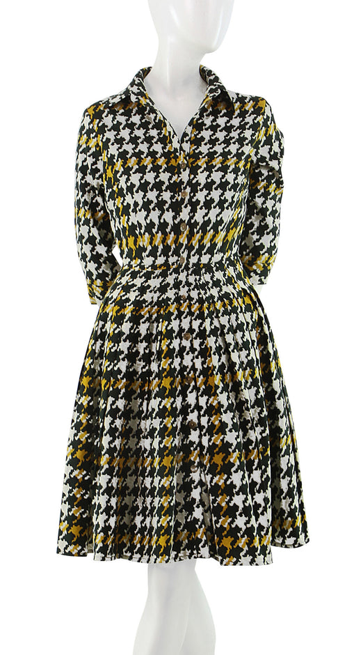 3/4 Sleeve | Miro Houndstooth | Olive Green Yellow | Front | Shirt Dress By Samantha Sung