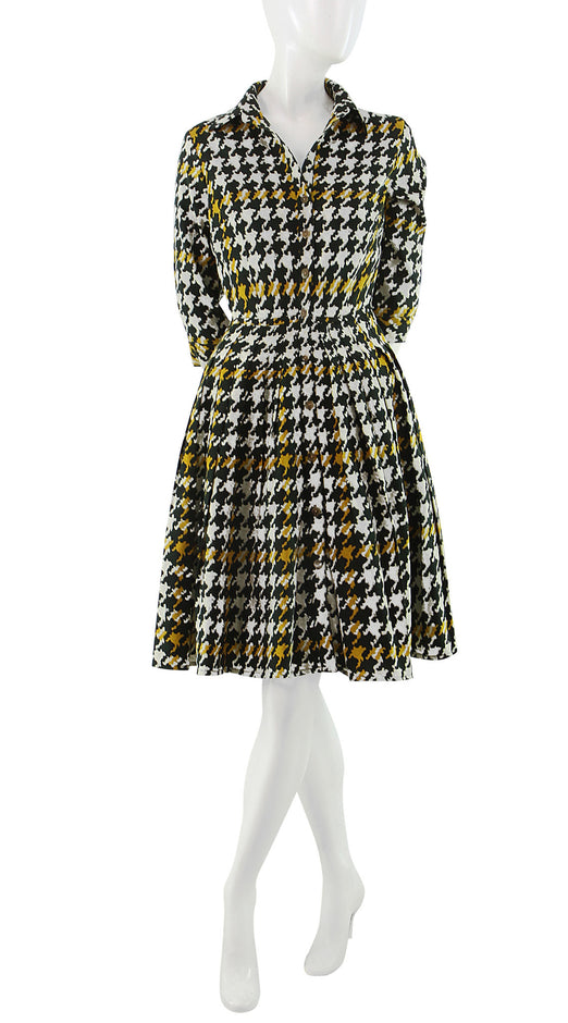 3/4 Sleeve | Miro Houndstooth | Olive Green Yellow | Front | Shirt Dress By Samantha Sung