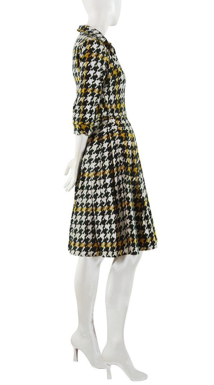 3/4 Sleeve | Miro Houndstooth | Olive Green Yellow | Right | Shirt Dress By Samantha Sung
