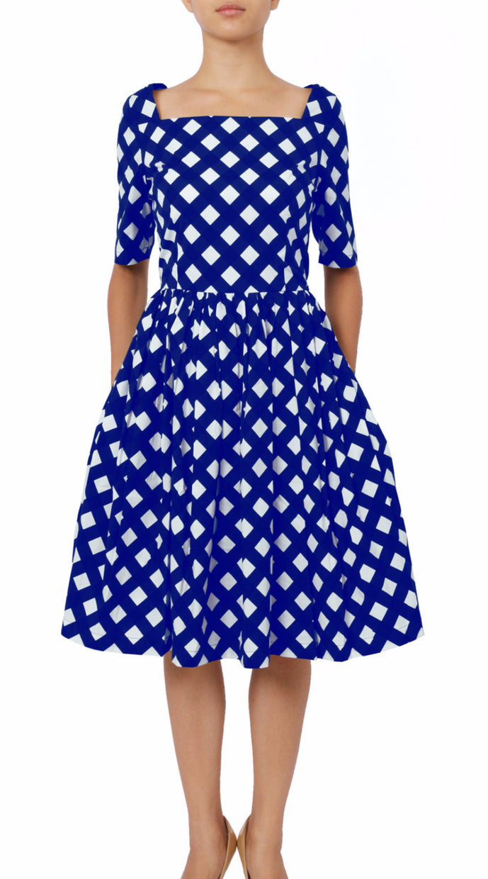 1/2 Sleeve | Mondrian Check | White Cobalt Blue | Front | Dress By Samantha Sung