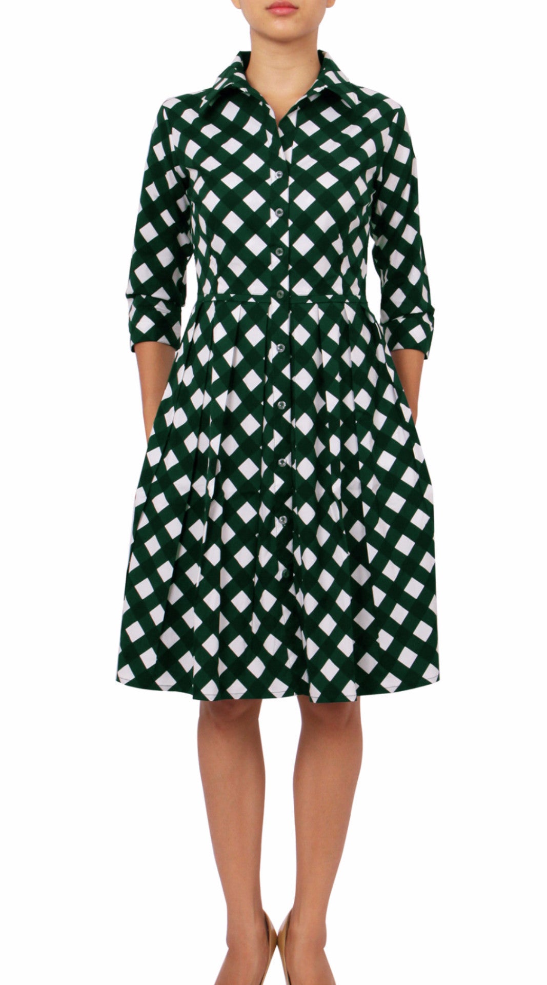 3/4 Sleeve | Mondrian Check | White Jade | Front | Shirt Dress By Samantha Sung