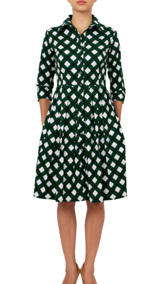 3/4 Sleeve | Mondrian Check | White Indigo | Front-1 | Shirt Dress By Samantha Sung