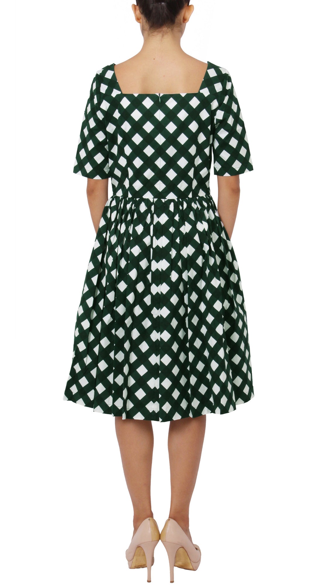 1/2 Sleeve | Mondrian Check | White Jade | Back | Dress By Samantha Sung