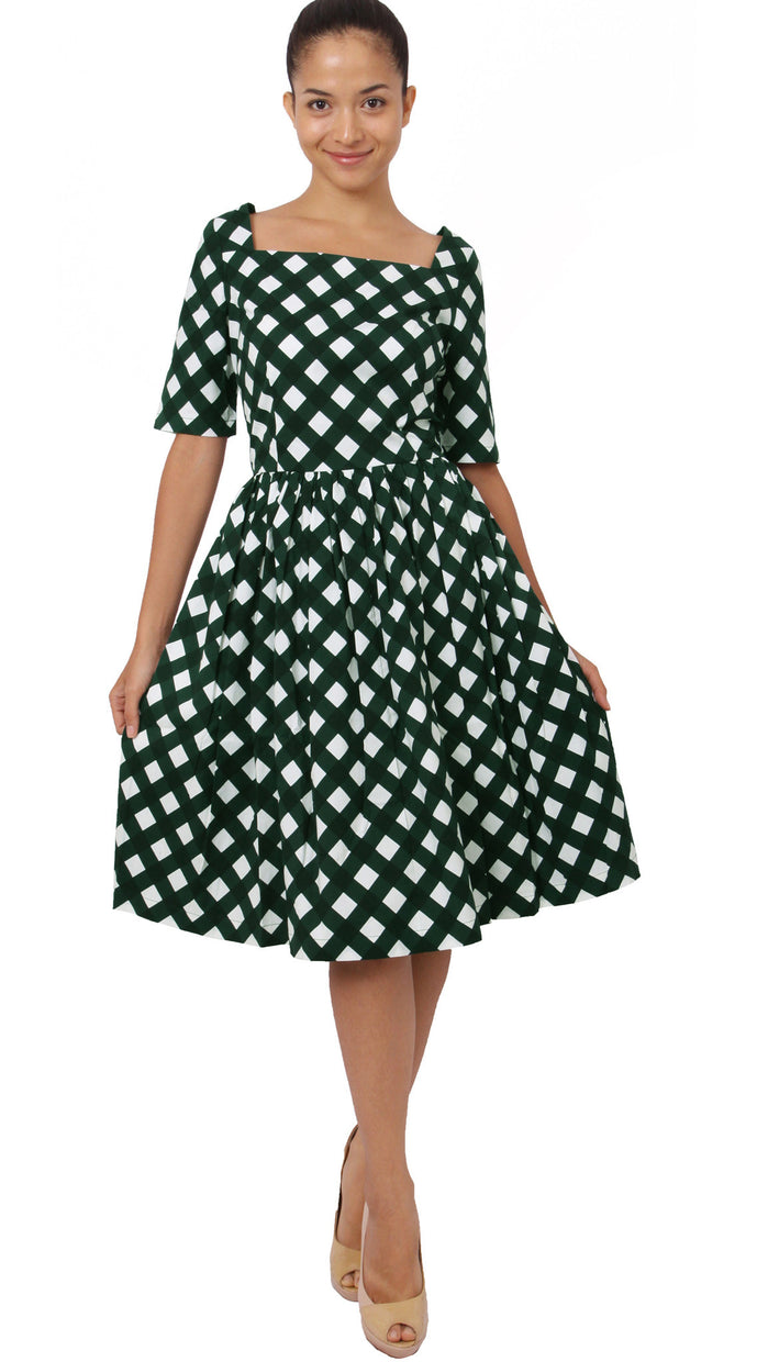 1/2 Sleeve | Mondrian Check | White Jade | Front-1 | Dress By Samantha Sung