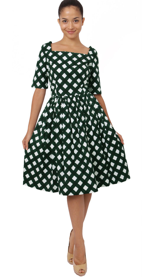 1/2 Sleeve | Mondrian Check | White Jade | Front-1 | Dress By Samantha Sung
