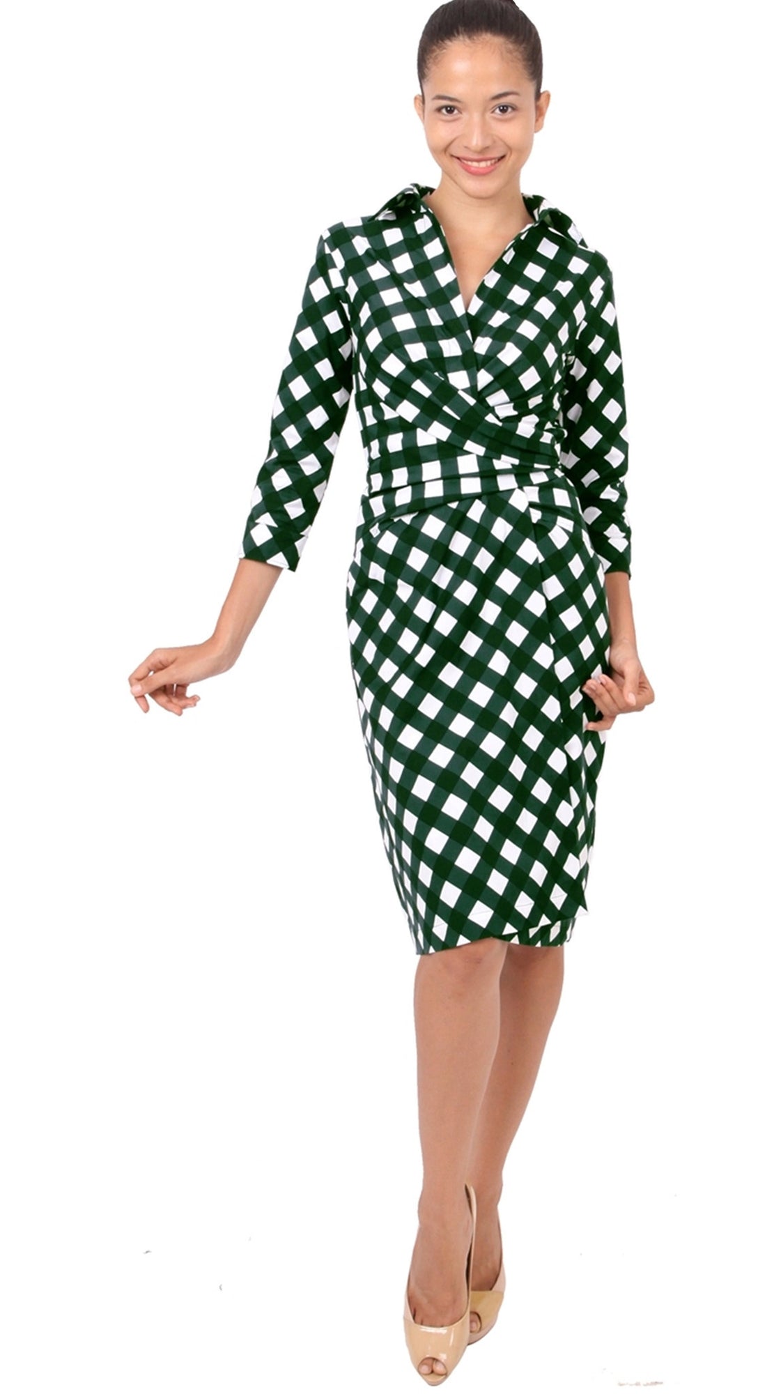3/4 Sleeve | Mondrian Check | White Jade | Front-1 | Dress By Samantha Sung