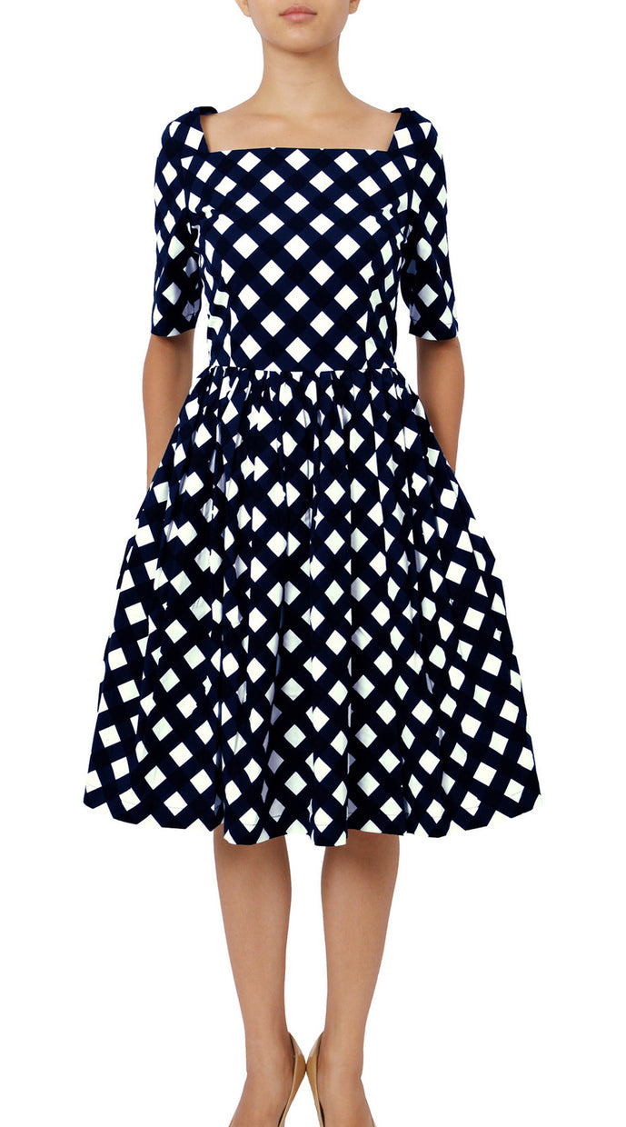 1/2 Sleeve | Mondrian Check | White Indigo | Front | Dress By Samantha Sung