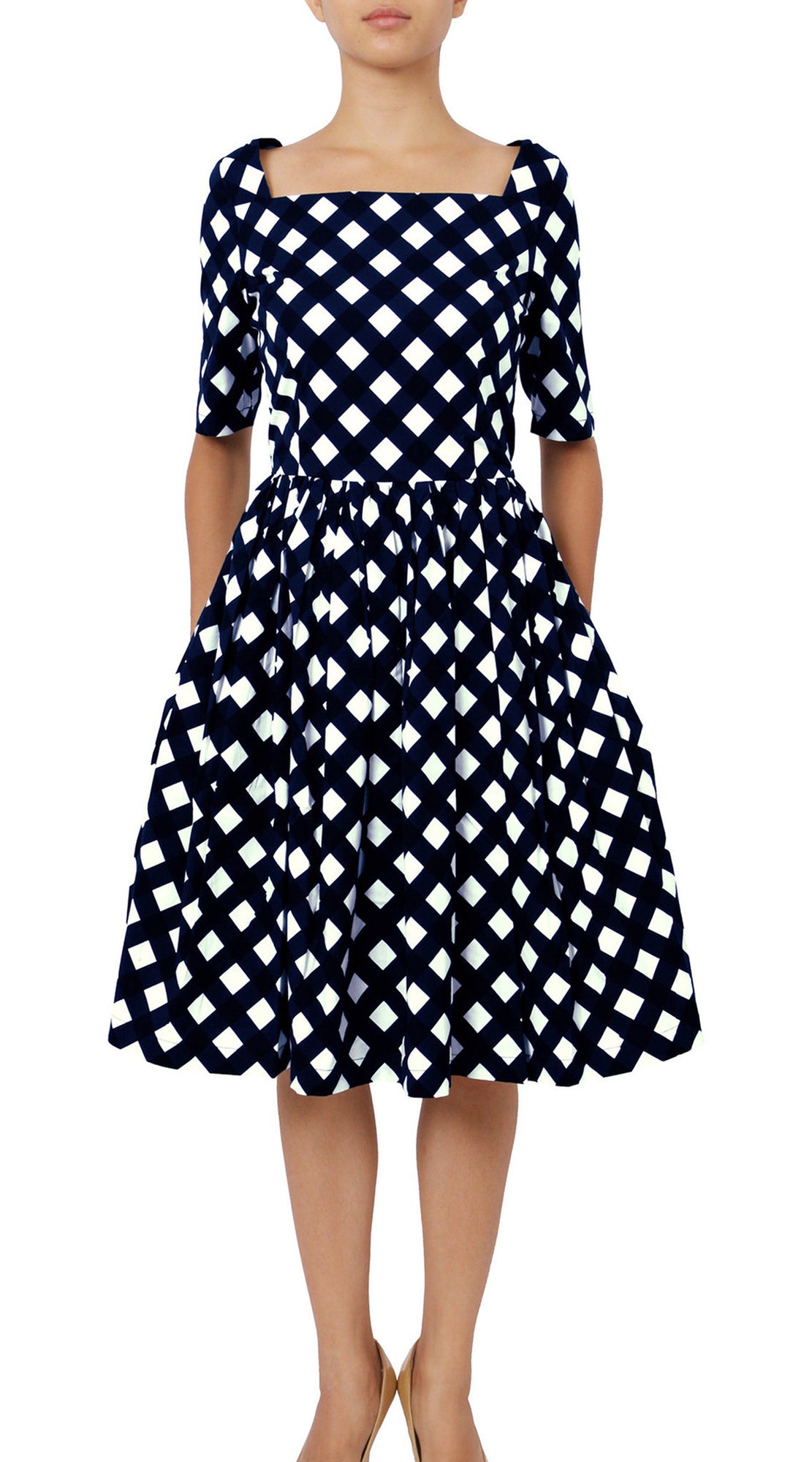 1/2 Sleeve | Mondrian Check | White Indigo | Front | Dress By Samantha Sung