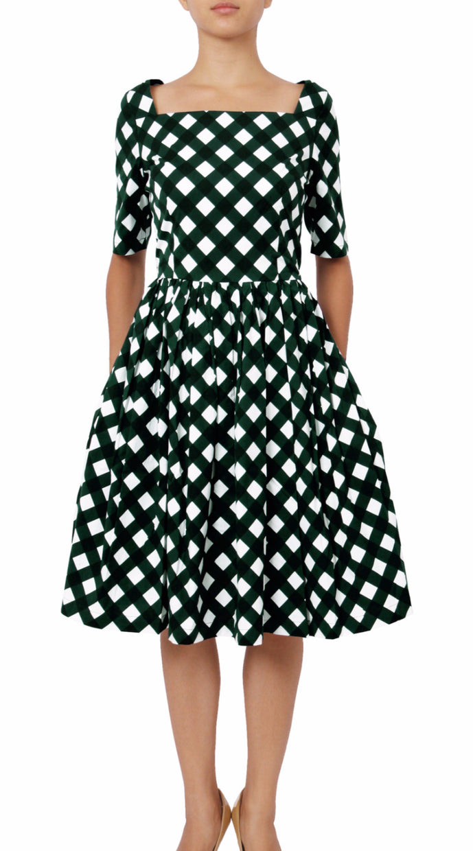 1/2 Sleeve | Mondrian Check | White Jade | Front | Dress By Samantha Sung