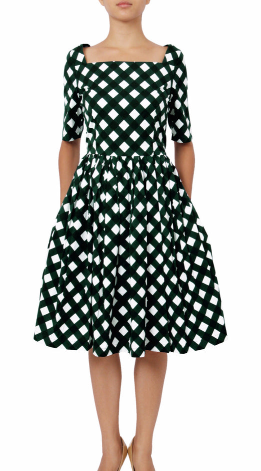 1/2 Sleeve | Mondrian Check | White Jade | Front-1 | Dress By Samantha Sung