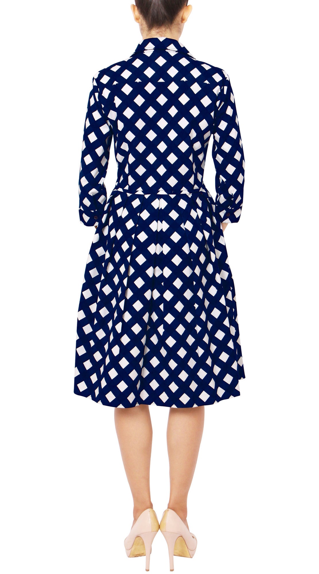 3/4 Sleeve | Mondrian Check | White Indigo | Back | Shirt Dress By Samantha Sung