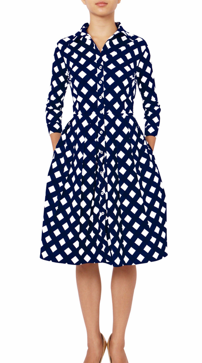 3/4 Sleeve | Mondrian Check | White Indigo | Front | Shirt Dress By Samantha Sung