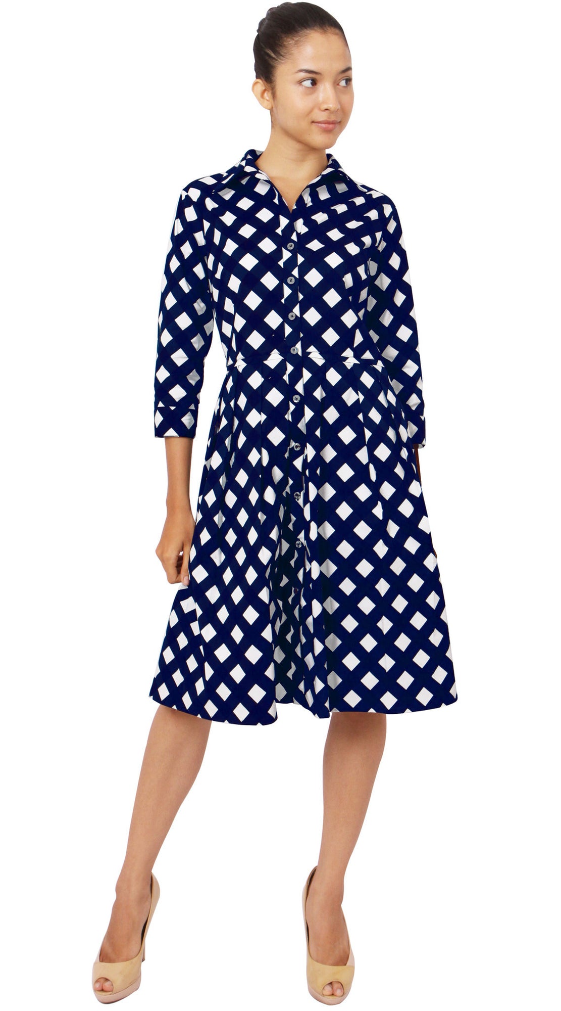 3/4 Sleeve | Mondrian Check | White Indigo | Front-1 | Shirt Dress By Samantha Sung