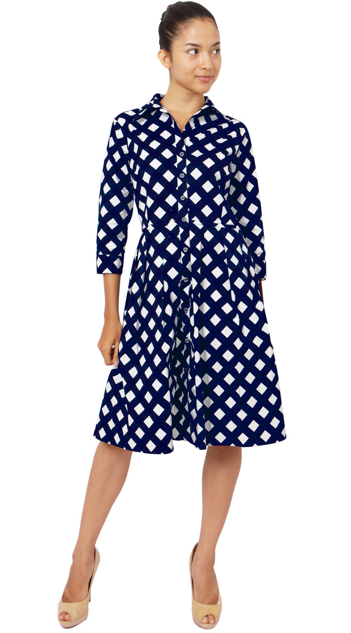 3/4 Sleeve | Mondrian Check | White Indigo | Front-1 | Shirt Dress By Samantha Sung
