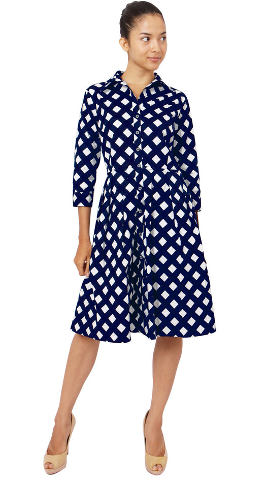 3/4 Sleeve | Mondrian Check | White Indigo | Front-1 | Shirt Dress By Samantha Sung