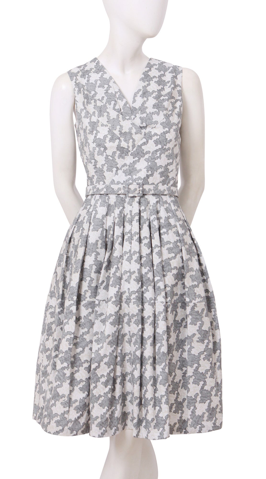 Sleeveless | Pablo Houndstooth | Ivory Soft Grey | Front | Shirt Dress By Samantha Sung