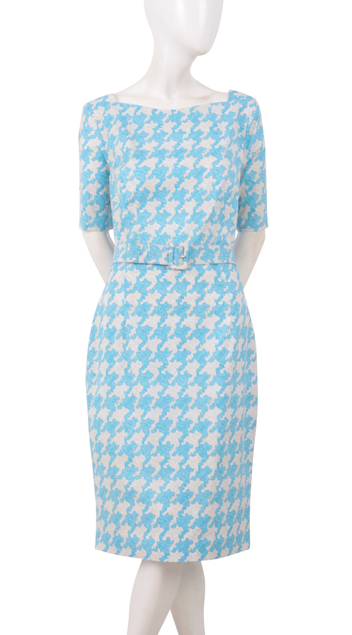 1/2 Sleeve | Pablo Houndstooth | Ivory Soft Baby Blue | Front | Dress By Samantha Sung