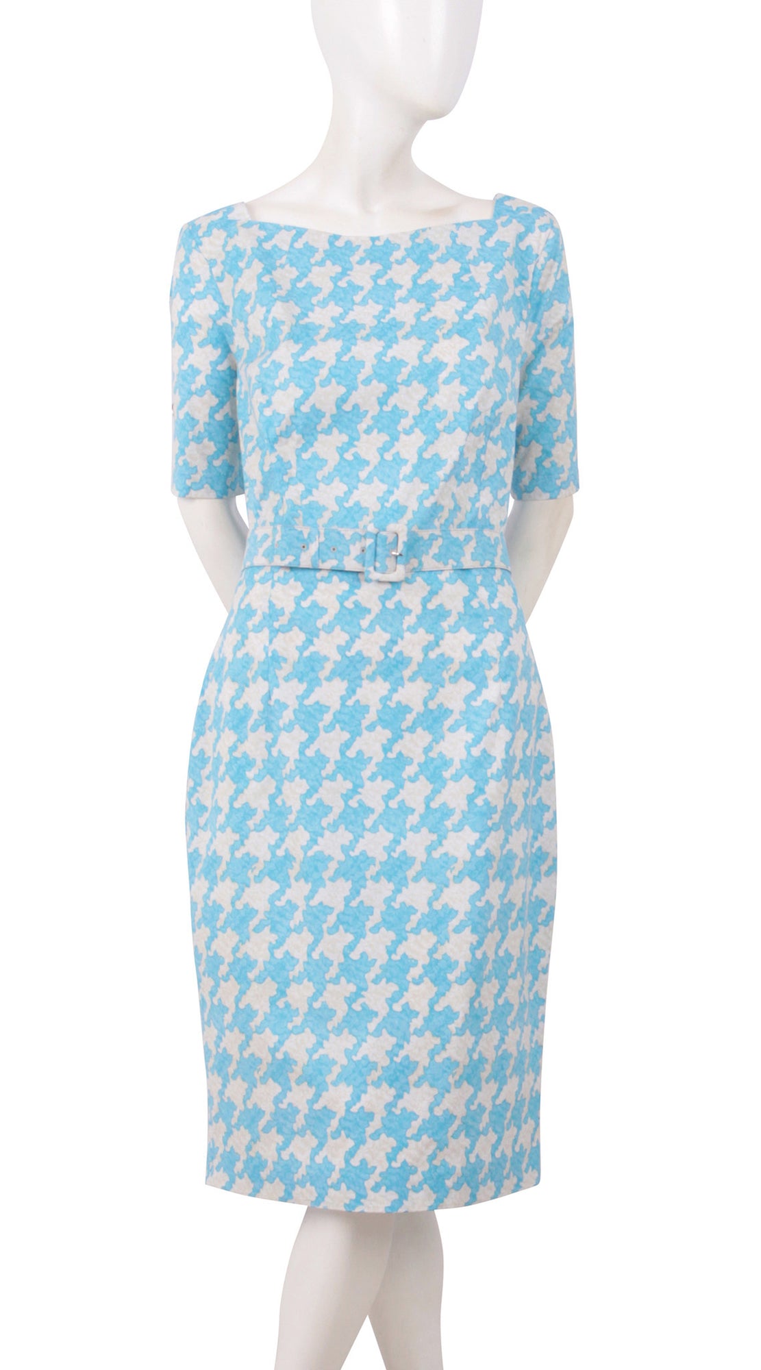 1/2 Sleeve | Pablo Houndstooth | Ivory Soft Baby Blue | Front | Dress By Samantha Sung