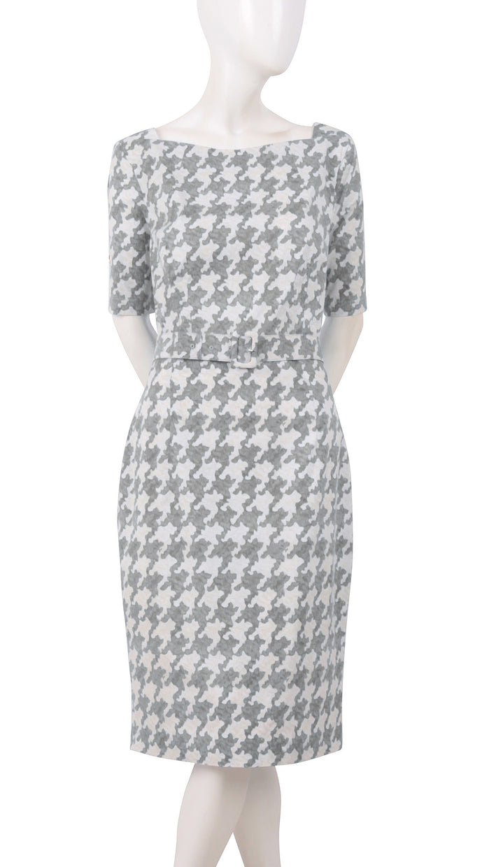 1/2 Sleeve | Pablo Houndstooth | Ivory Soft Grey | Front | Dress By Samantha Sung