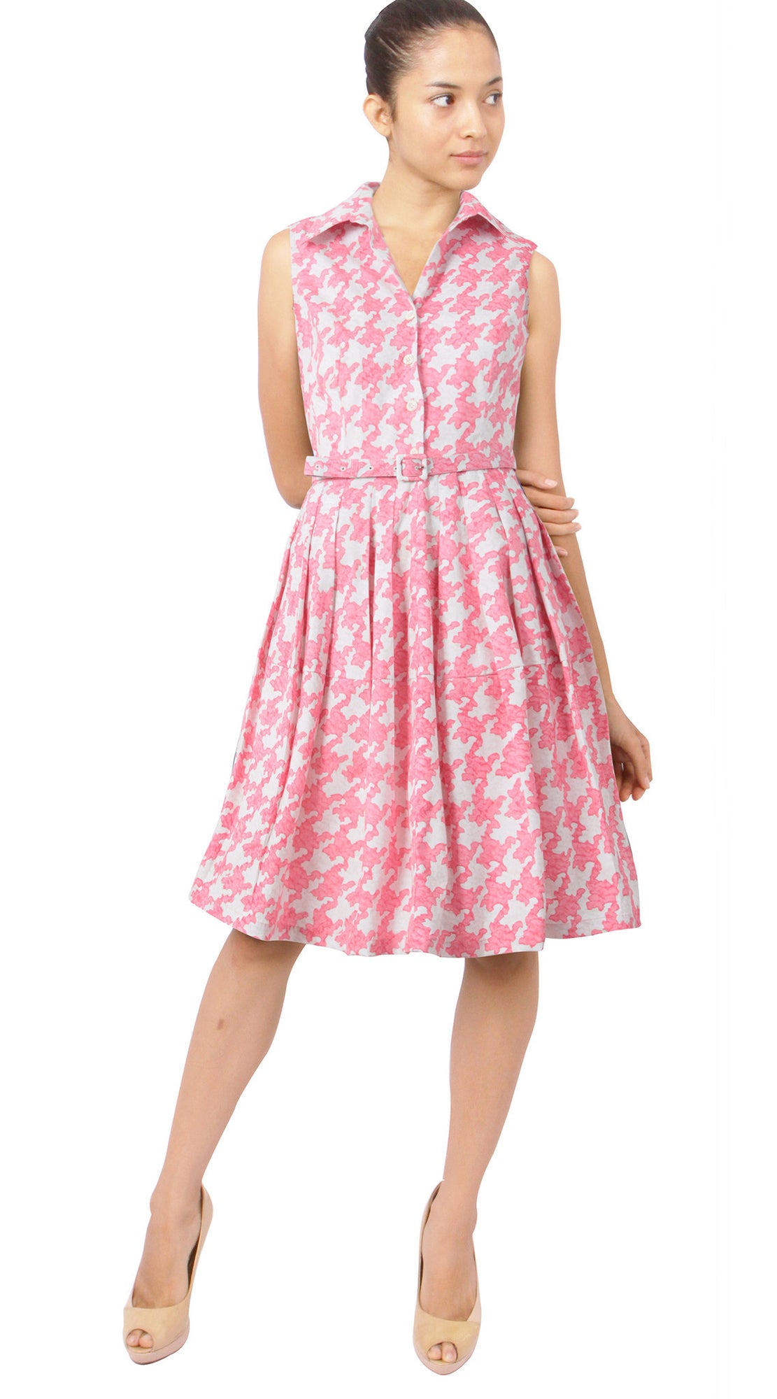 Sleeveless | Pablo Houndstooth | Ivory Soft Rose | Front-1 | Shirt Dress By Samantha Sung