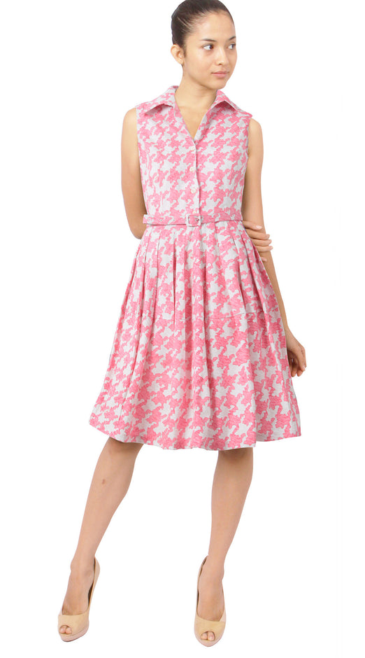 Sleeveless | Pablo Houndstooth | Ivory Soft Rose | Front-1 | Shirt Dress By Samantha Sung