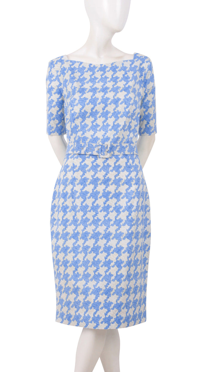 1/2 Sleeve | Pablo Houndstooth | Ivory Soft Sky Blue | Front | Dress By Samantha Sung