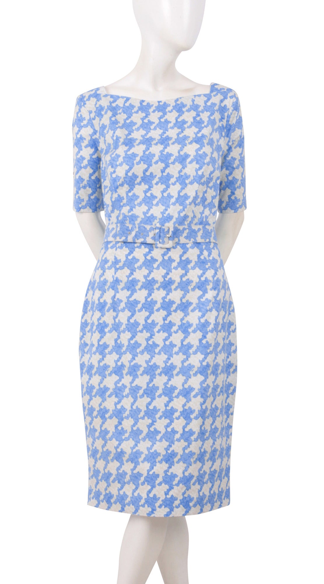 1/2 Sleeve | Pablo Houndstooth | Ivory Soft Sky Blue | Front | Dress By Samantha Sung