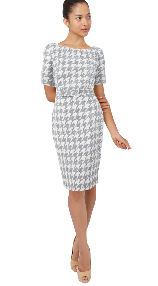 1/2 Sleeve | Pablo Houndstooth | Ivory Soft Grey | Front | Dress By Samantha Sung
