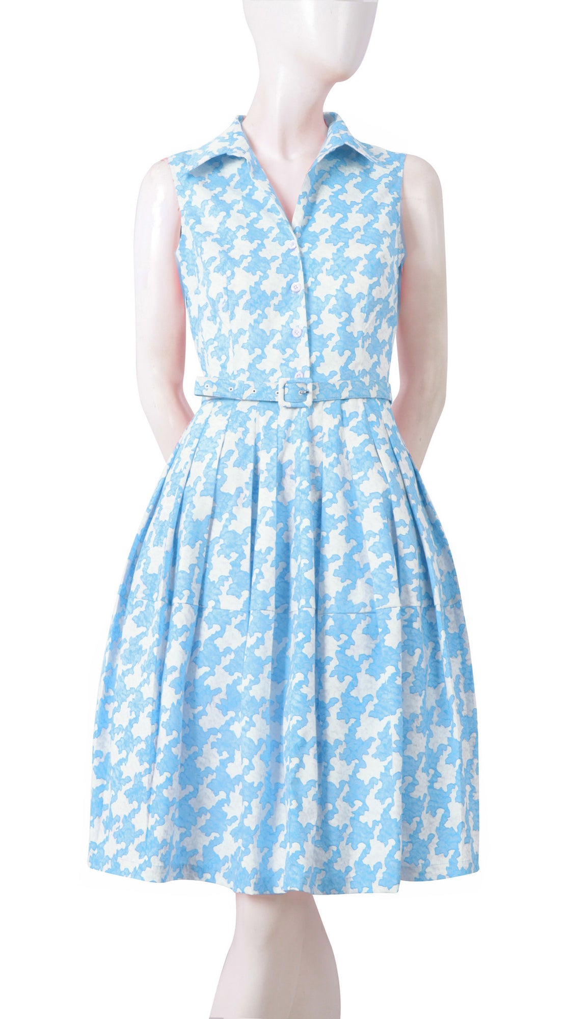 Claire Dress Dress Shirt Collar Sleeveless Cotton Stretch (Pablo Houndstooth)